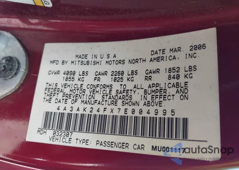 2007 Mitsubishi Eclipse Gs from USA, damaged, VIN 4A3AK24FX7E004995